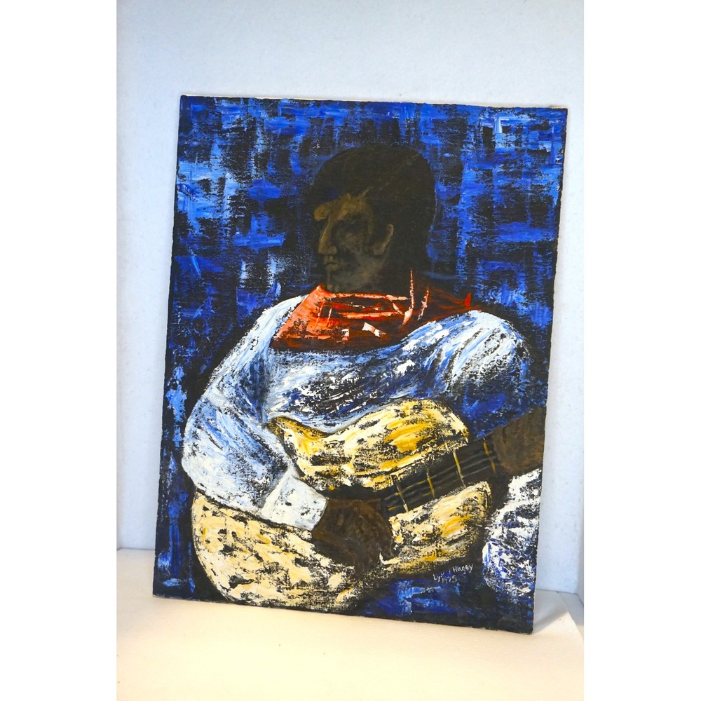 Vintage 1975 Hagey Original Oil Painting Man Playing Guitar Expressionist, 18x24